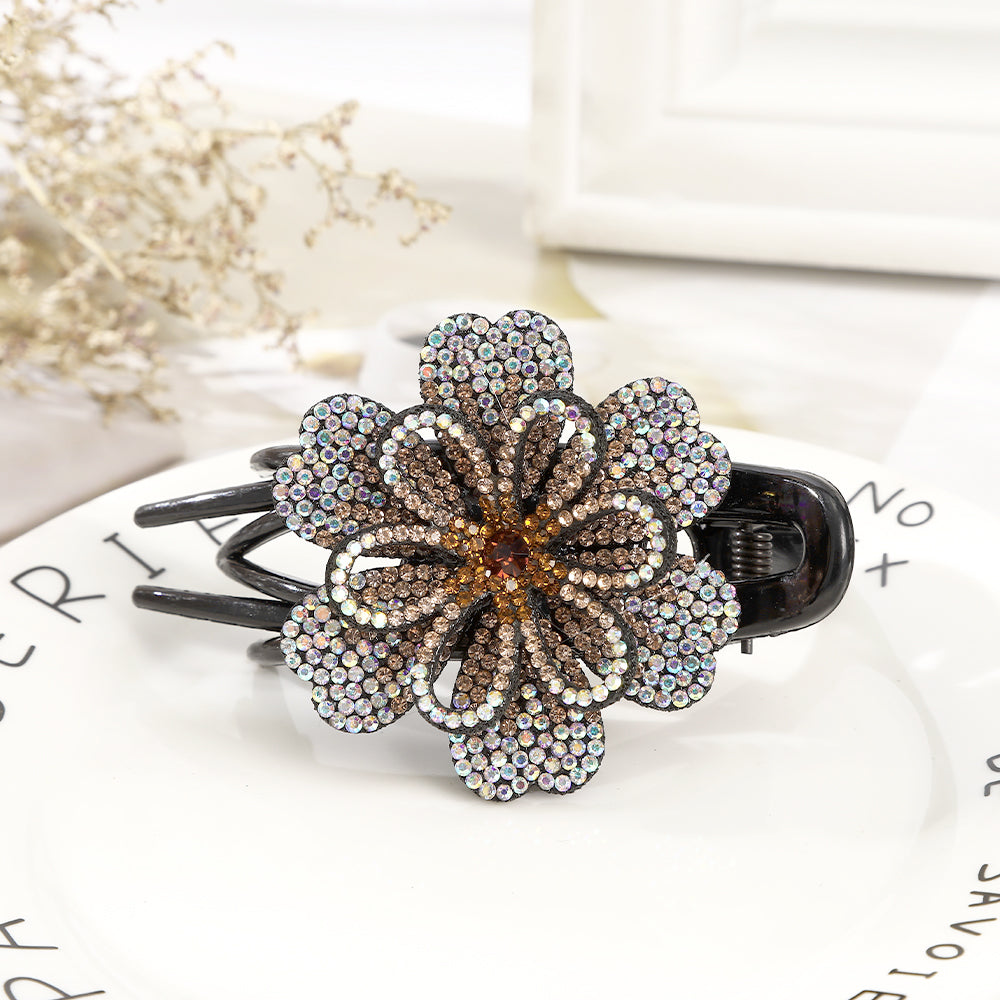 【Awaytr】CB1350 9cm Rhinestone Double Flower Hair Clip