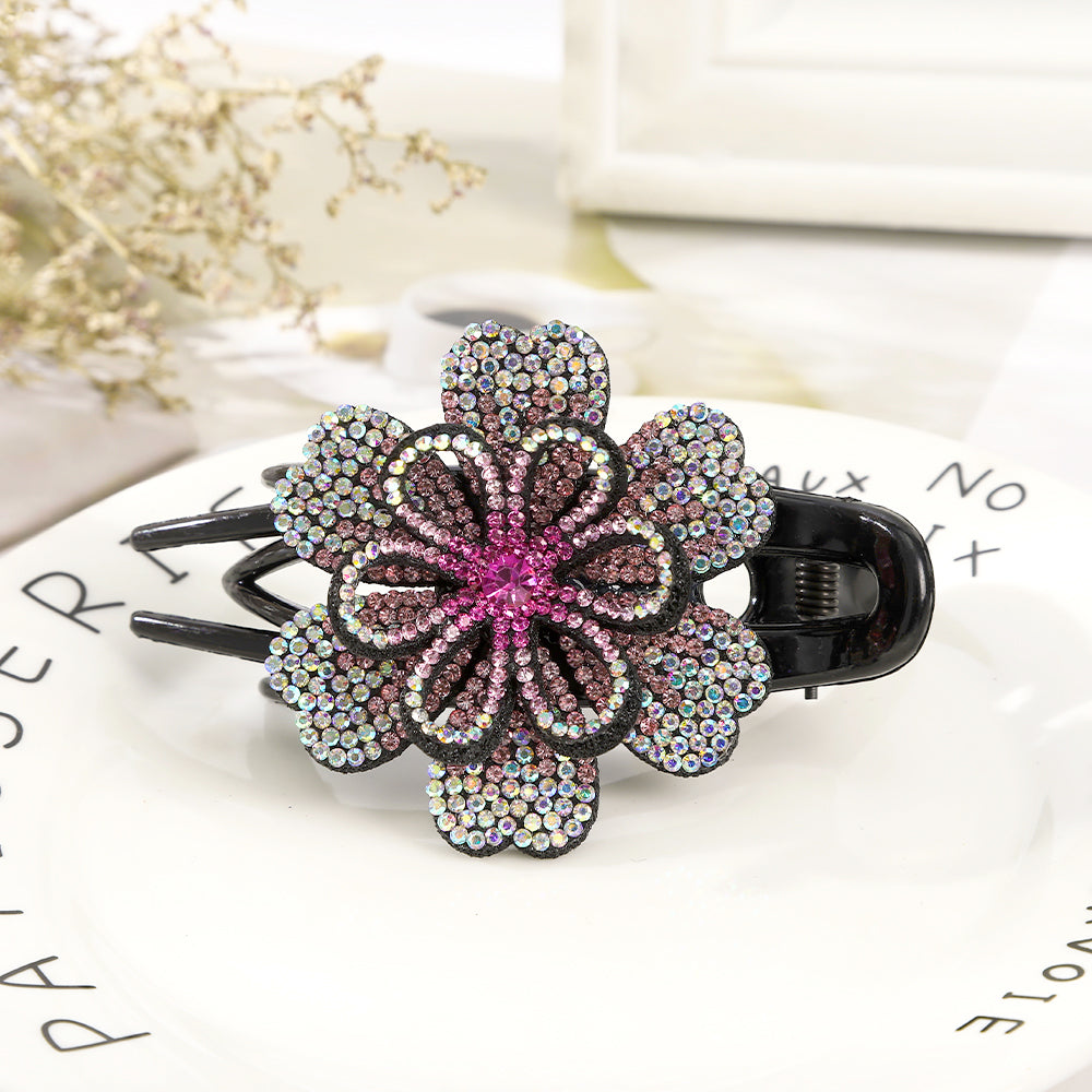 【Awaytr】CB1350 9cm Rhinestone Double Flower Hair Clip