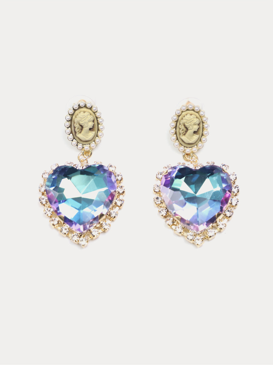 Colorful Heart Shaped Rhinestone Pearl Portrait Earrings｜Awaytr®