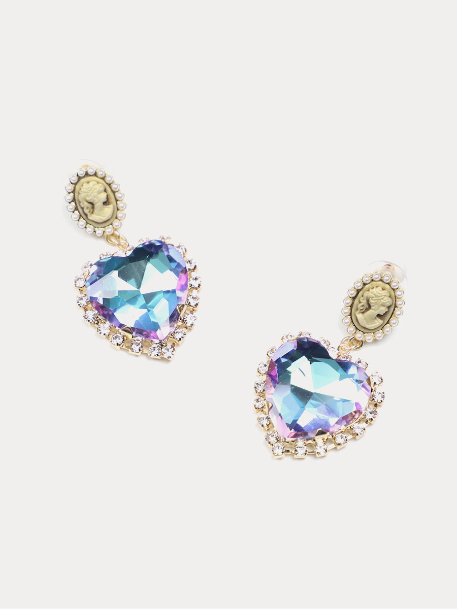 Colorful Heart Shaped Rhinestone Pearl Portrait Earrings｜Awaytr®