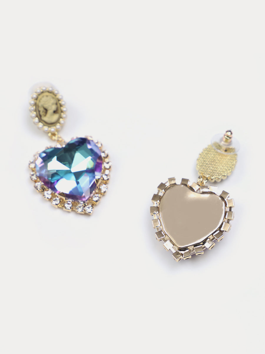 Colorful Heart Shaped Rhinestone Pearl Portrait Earrings｜Awaytr®