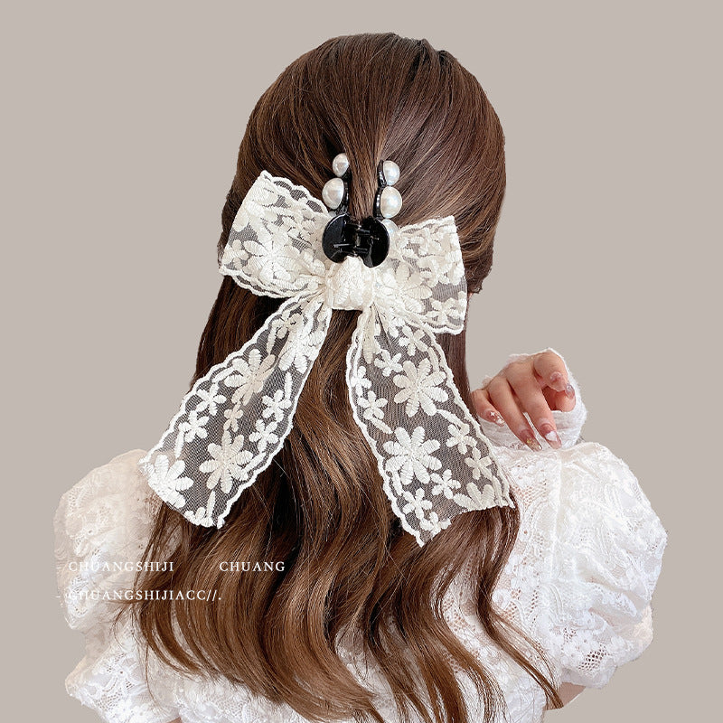 CB1442 Bow Ribbon Pearl Hair claw clip