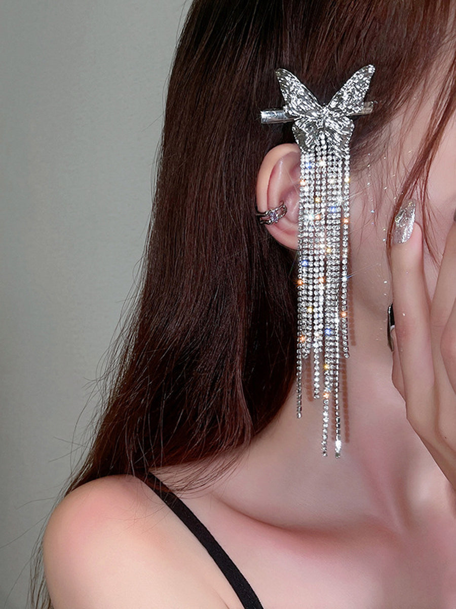 Silver Butterfly Rhinestone Long Tassel Hairpin｜Awaytr®