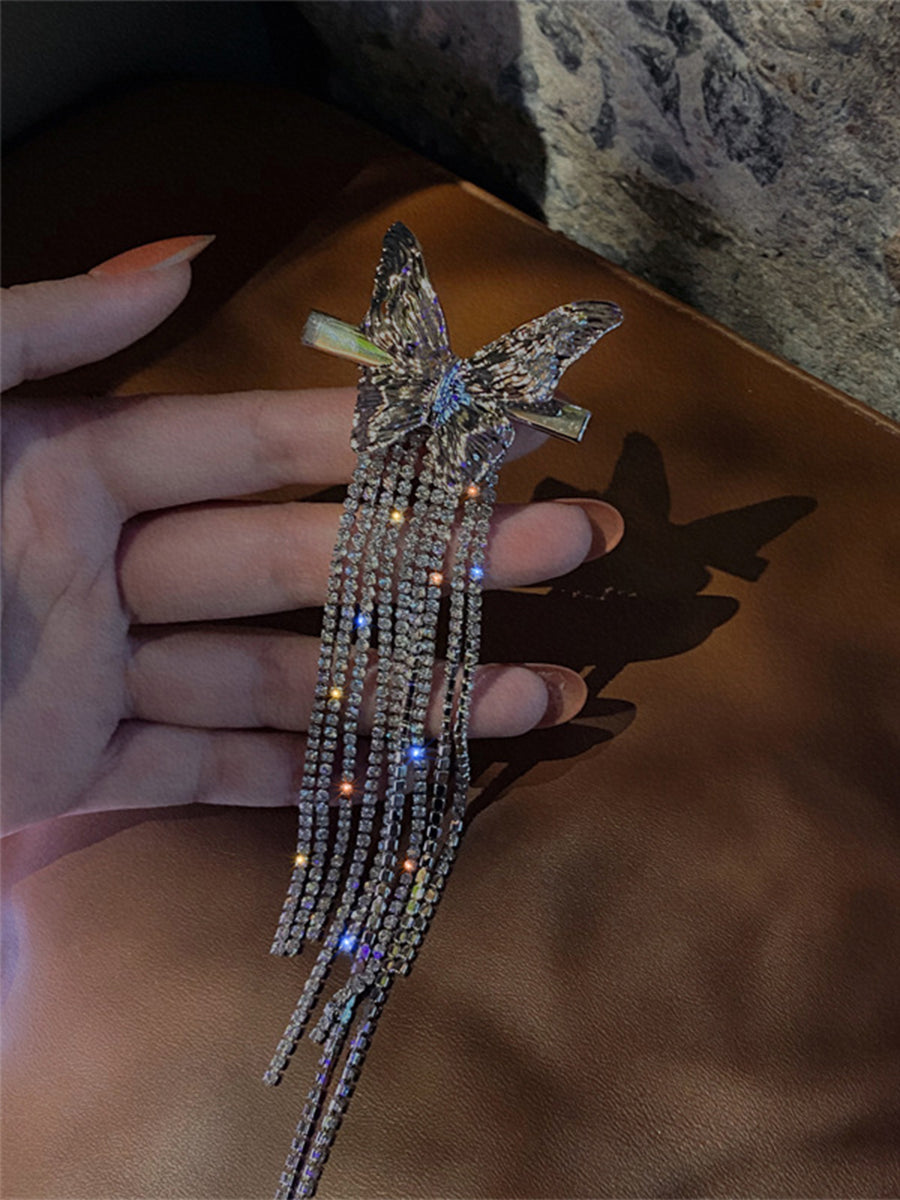 Silver Butterfly Rhinestone Long Tassel Hairpin｜Awaytr®