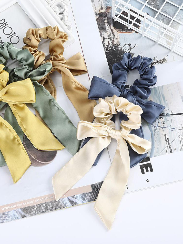 Solid Bow Satin Long Ribbon Scrunchies｜Awaytr®