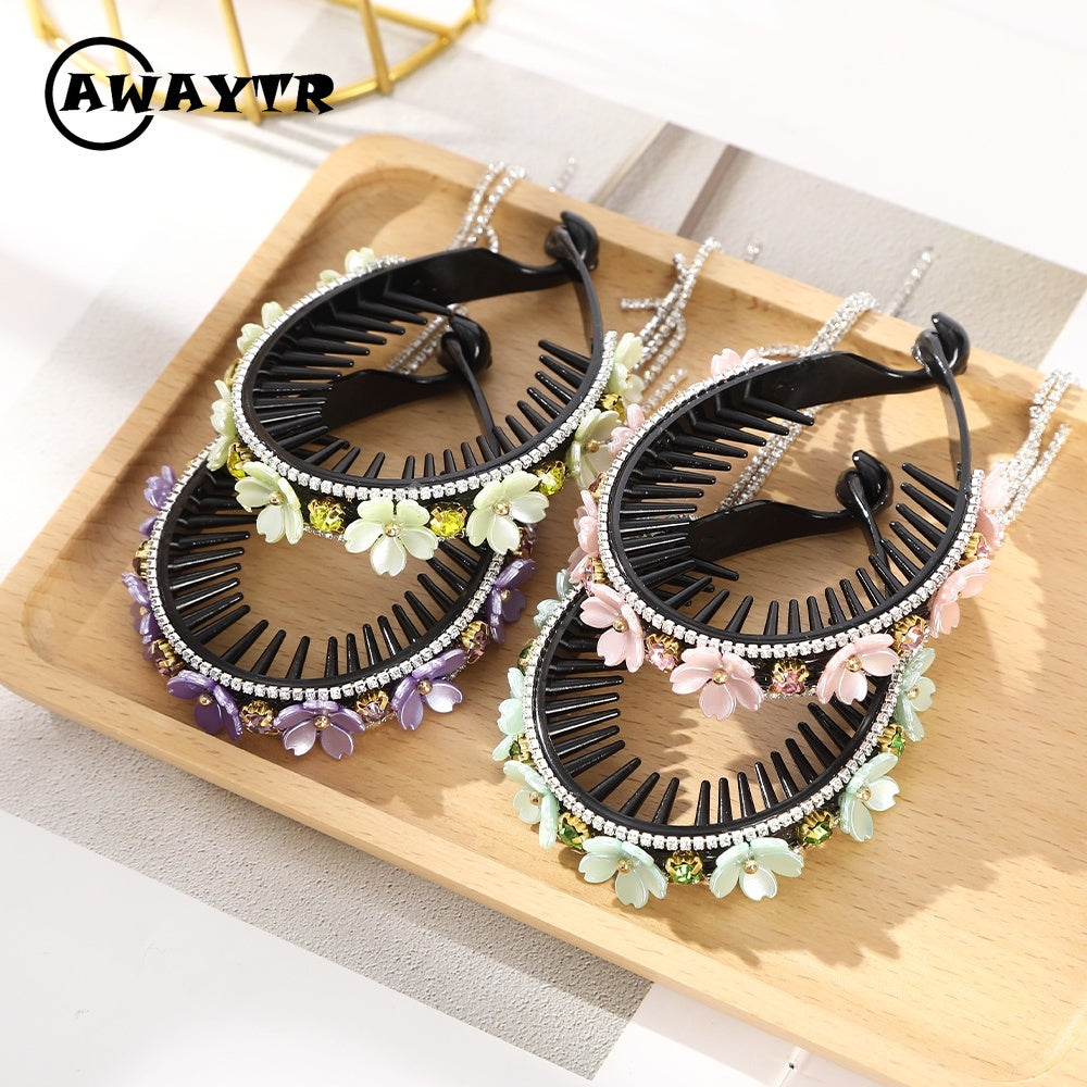 AWAYTR Korean Fashion Flower Rhinestone Hairpin Crystal Ball Head Hairpin Retro Hair Accessories